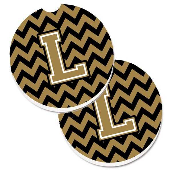 Carolines Treasures Letter L Chevron Black and Gold Set of 2 Cup Holder Car Coaster CJ1050-LCARC - main